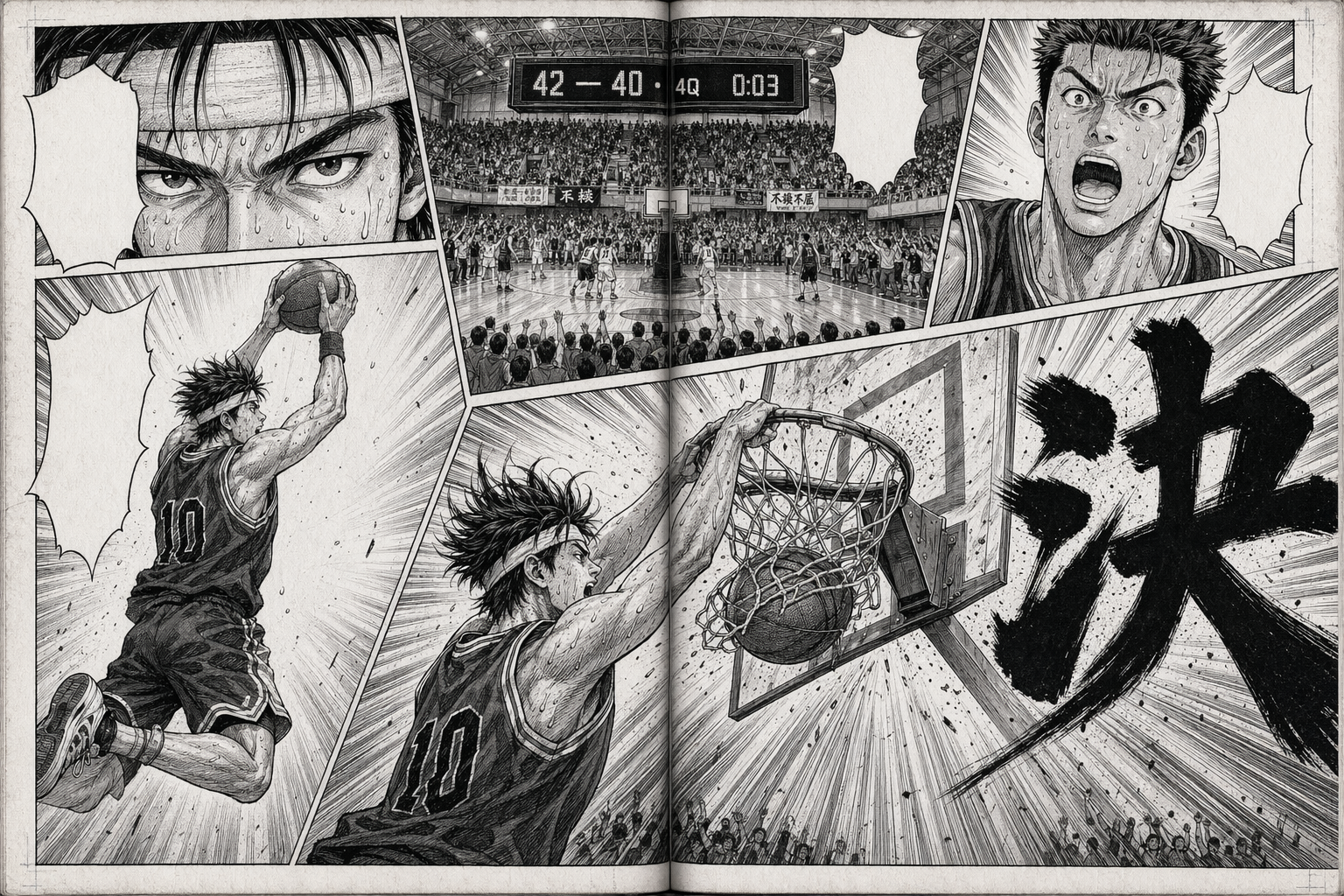 GPT-Image-2 案例 · 少年漫画双页版面（篮球扣篮）