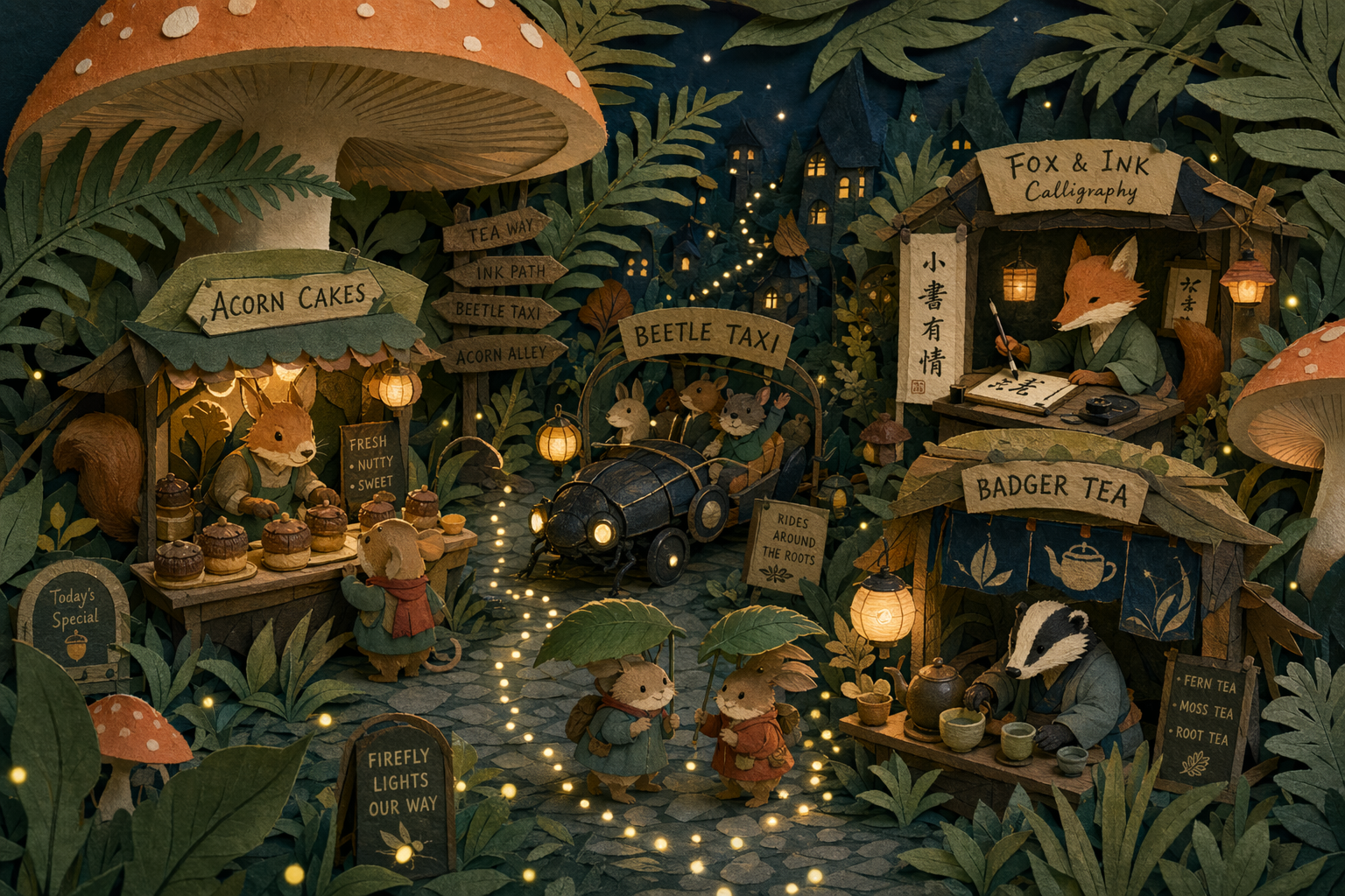 GPT-Image-2 案例 · 纸雕森林夜市插画