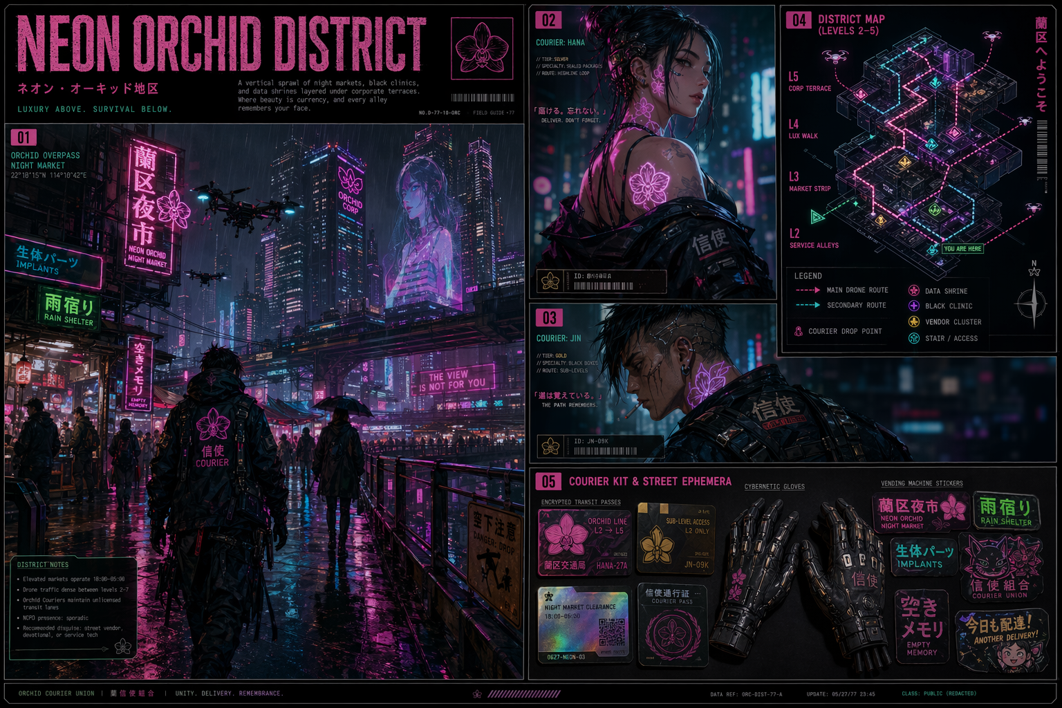 GPT-Image-2 案例 · Neon Orchid District 赛博朋克设定板