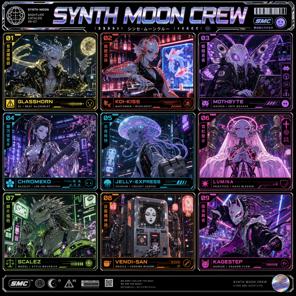 GPT-Image-2 案例 · Synth Moon Crew 外星夜生活九宫格