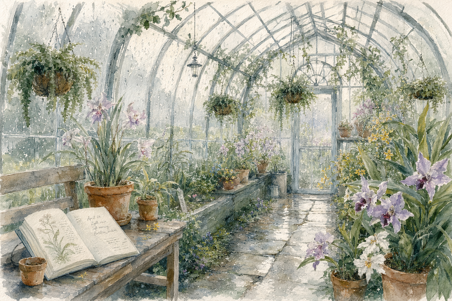 GPT-Image-2 案例 · 雨中植物温室水彩